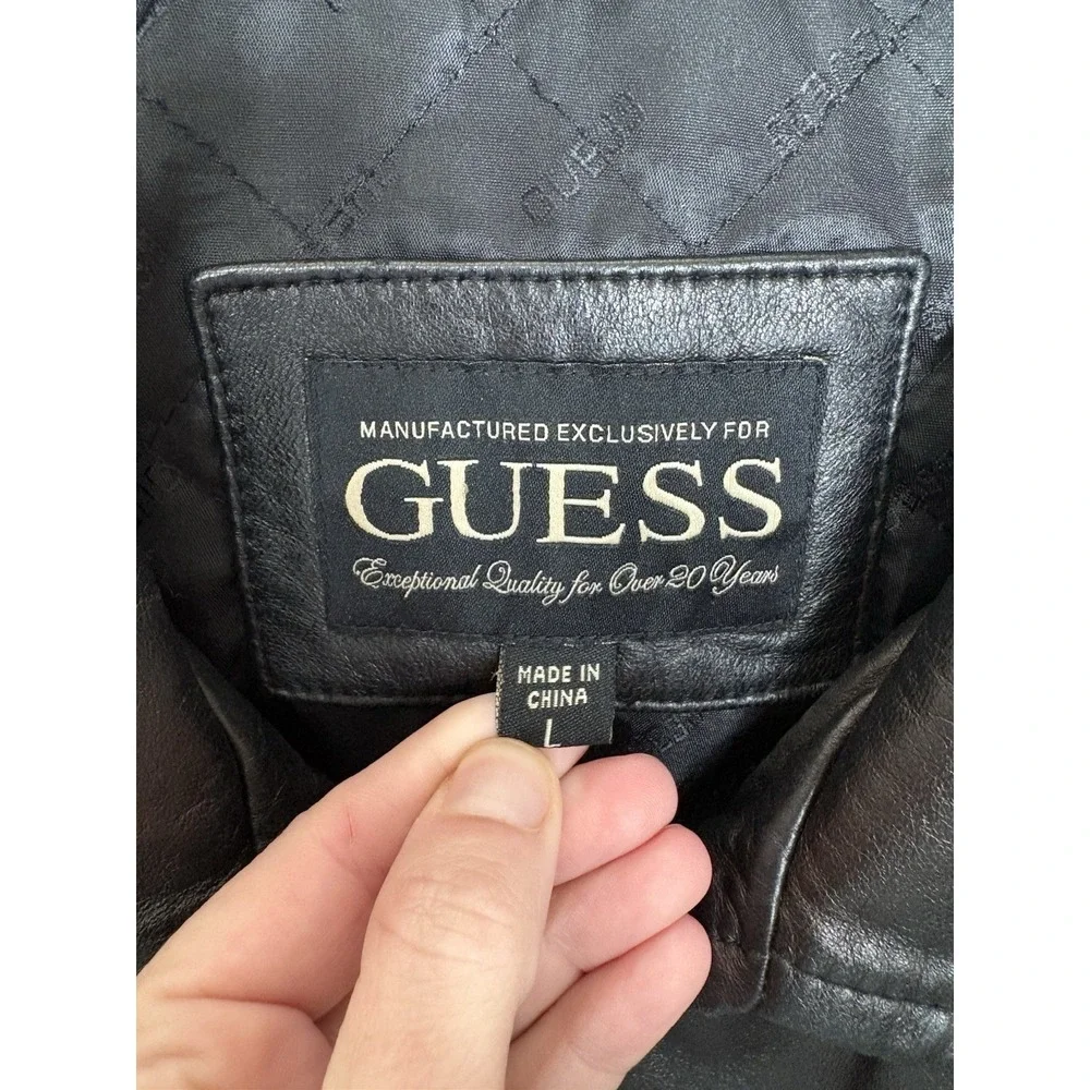 Guess Black‎ Men's Leather Moto Jacket Size Large Lined 2000's